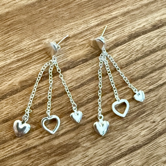 NEW Triple Heart Earrings Silver Plated Hollow Heart Drop Earrings - Picture 3 of 9